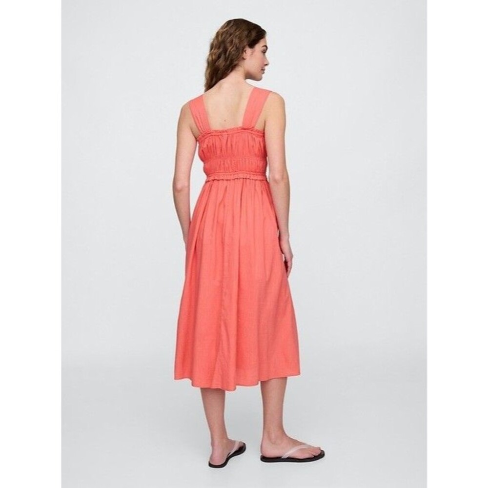 GAP Bright Coral Pink Smocked Sundress Pockets Cotton Blend Summer Dress Size L - Picture 3 of 12